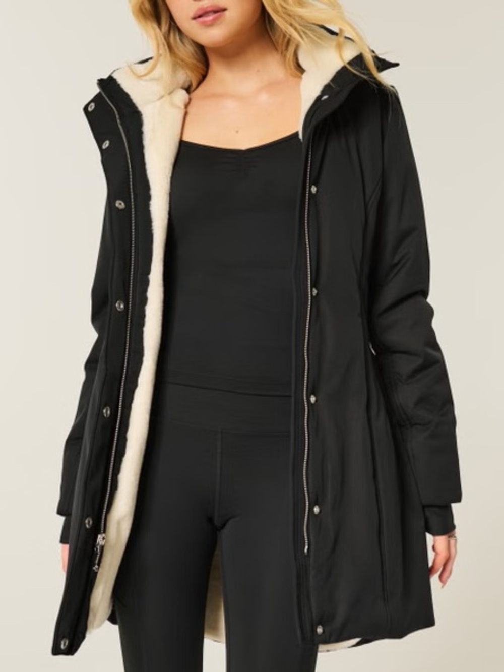Hollister Black All Weather Faux Fur Lined Long Parka Winter Coat Medium